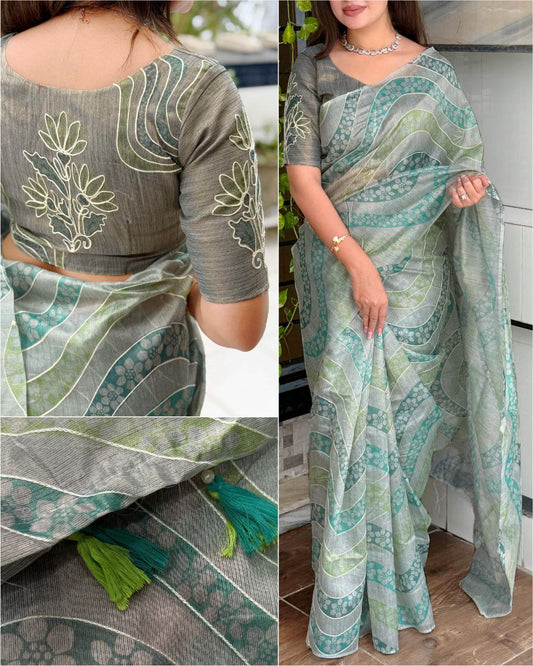 Hand Kantha Work & Digital Print Elegant Linen Cotton Saree With Blouse