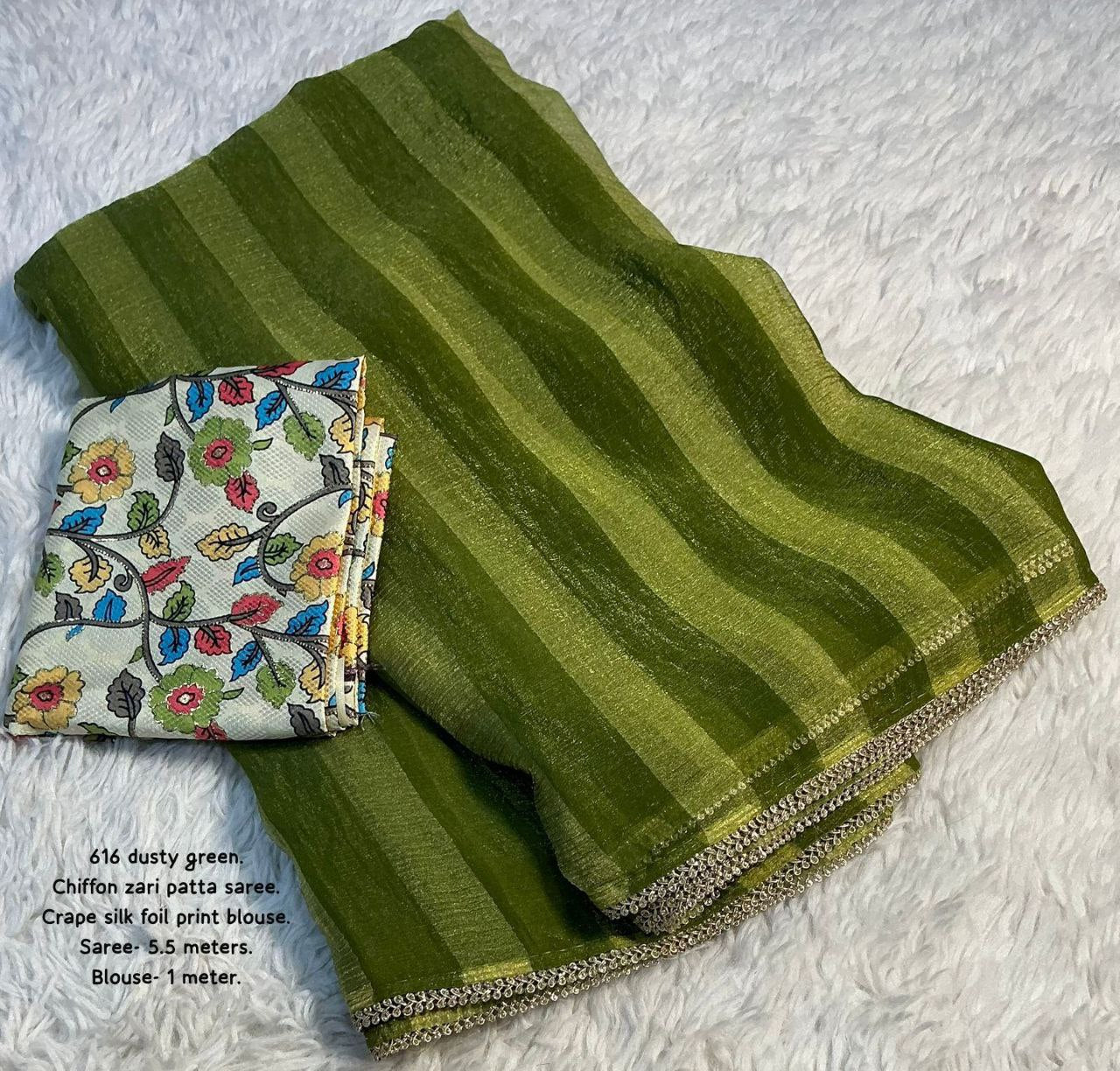 Zari Woven Wrinkle Striped Soft Chiffon Saree with Unstitched Crepe Silk Blouse