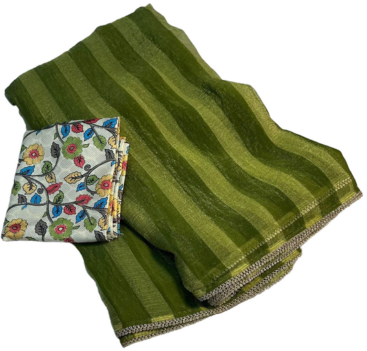 Zari Woven Wrinkle Striped Soft Chiffon Saree with Unstitched Crepe Silk Blouse
