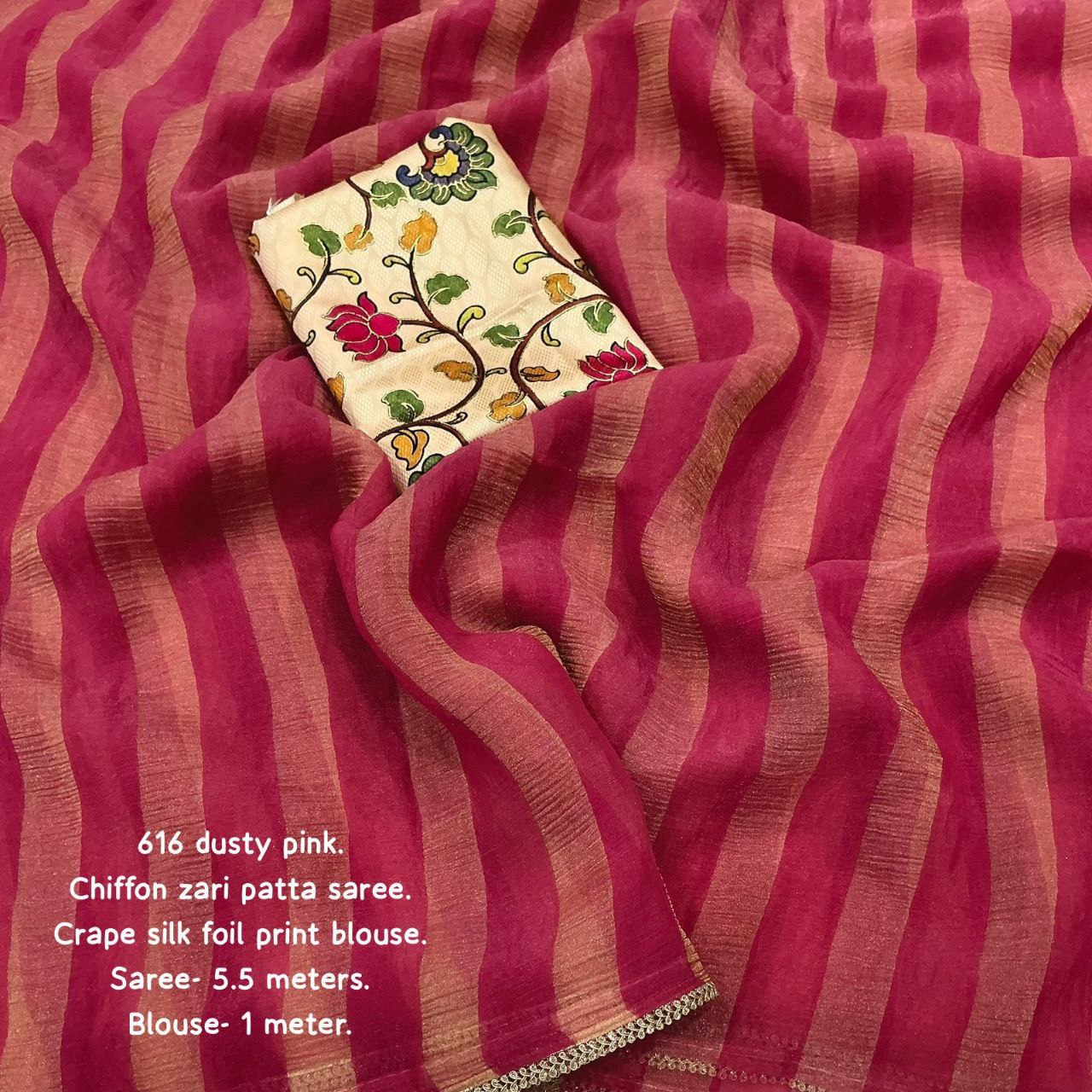 Zari Woven Wrinkle Striped Soft Chiffon Saree with Unstitched Crepe Silk Blouse