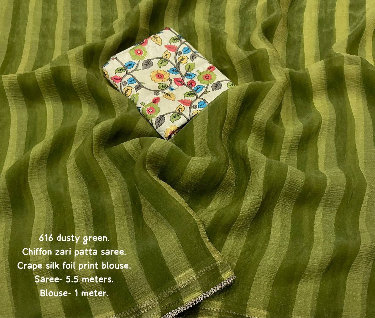 Zari Woven Wrinkle Striped Soft Chiffon Saree with Unstitched Crepe Silk Blouse