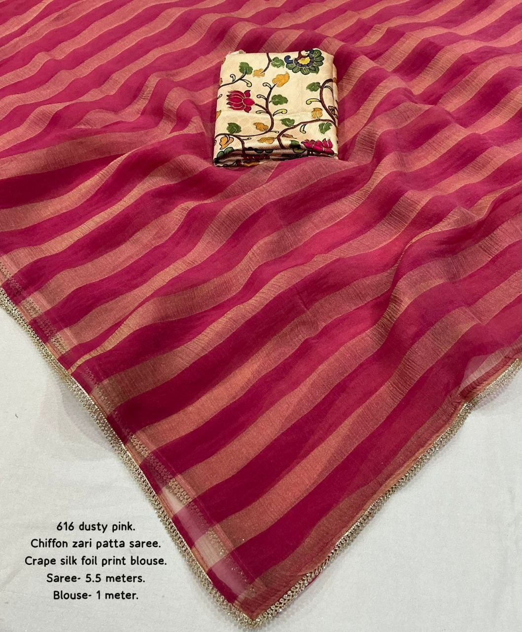 Zari Woven Wrinkle Striped Soft Chiffon Saree with Unstitched Crepe Silk Blouse