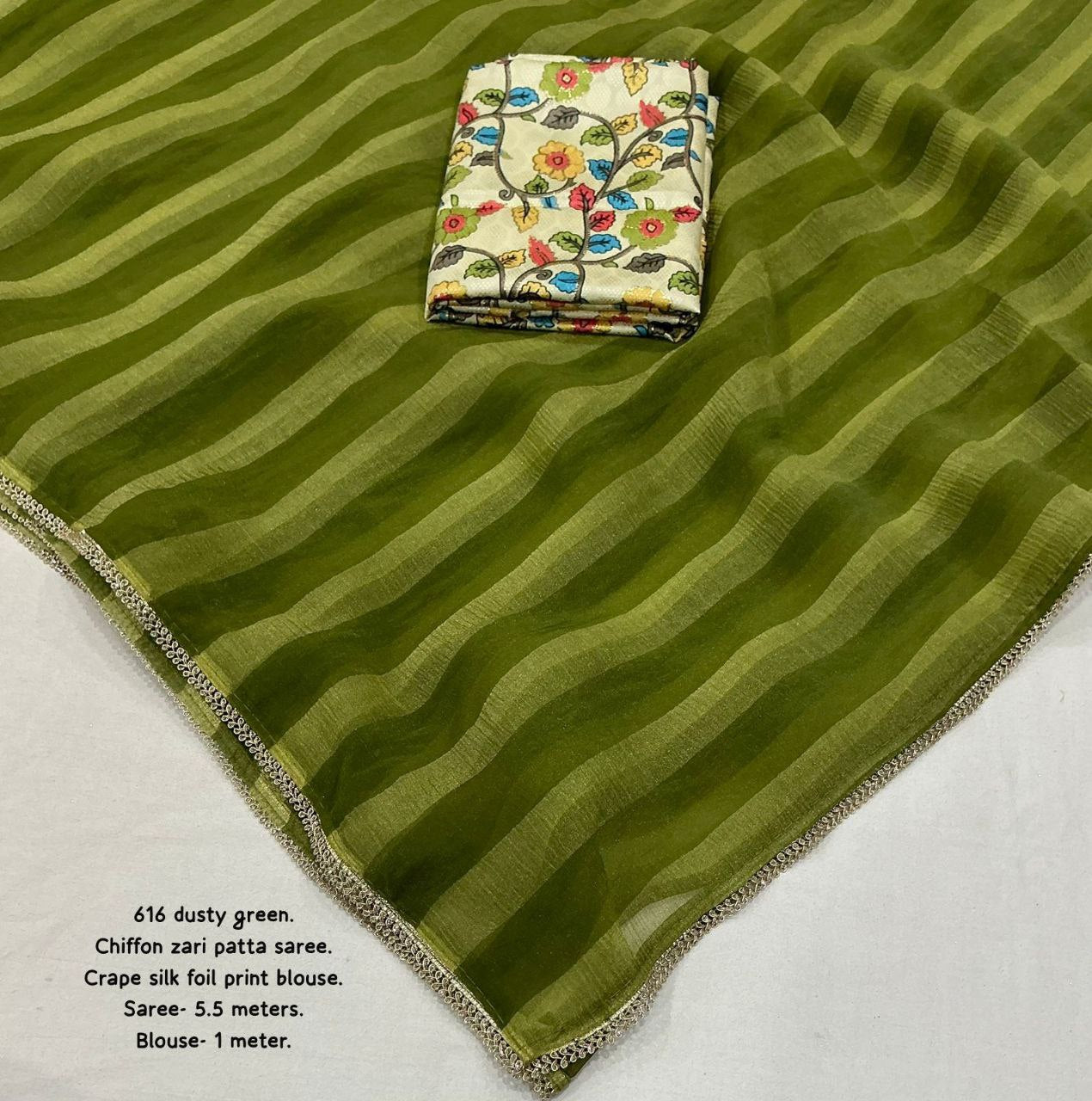 Zari Woven Wrinkle Striped Soft Chiffon Saree with Unstitched Crepe Silk Blouse