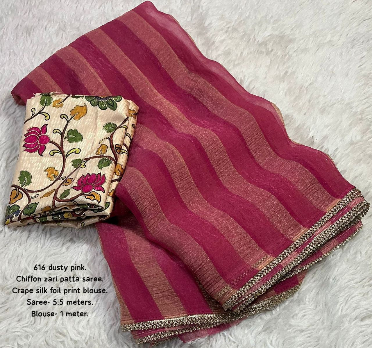 Zari Woven Wrinkle Striped Soft Chiffon Saree with Unstitched Crepe Silk Blouse