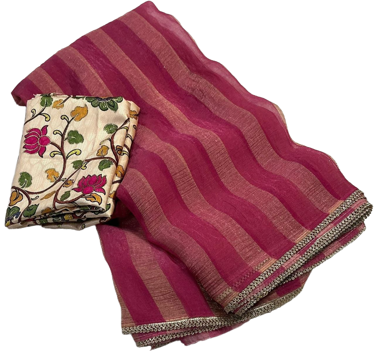 Zari Woven Wrinkle Striped Soft Chiffon Saree with Unstitched Crepe Silk Blouse