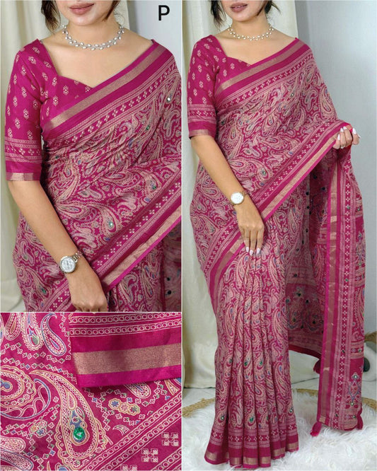 Designer Mirror Work and Zari Border Ajrakh Printed Cotton Saree with Blouse