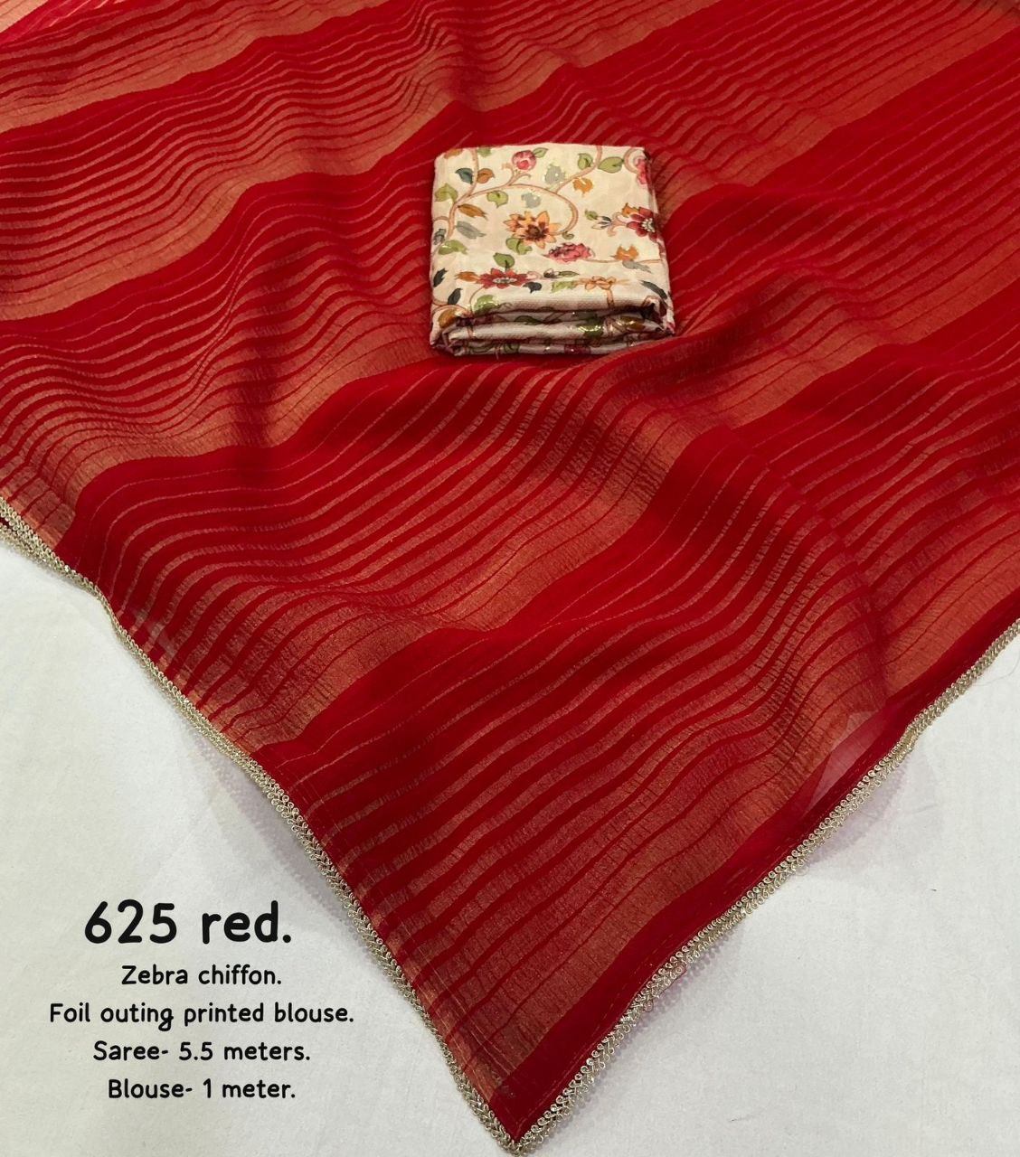 Zari Woven Zebra Lining Patched Lace Chiffon Saree with Crepe Silk Blouse