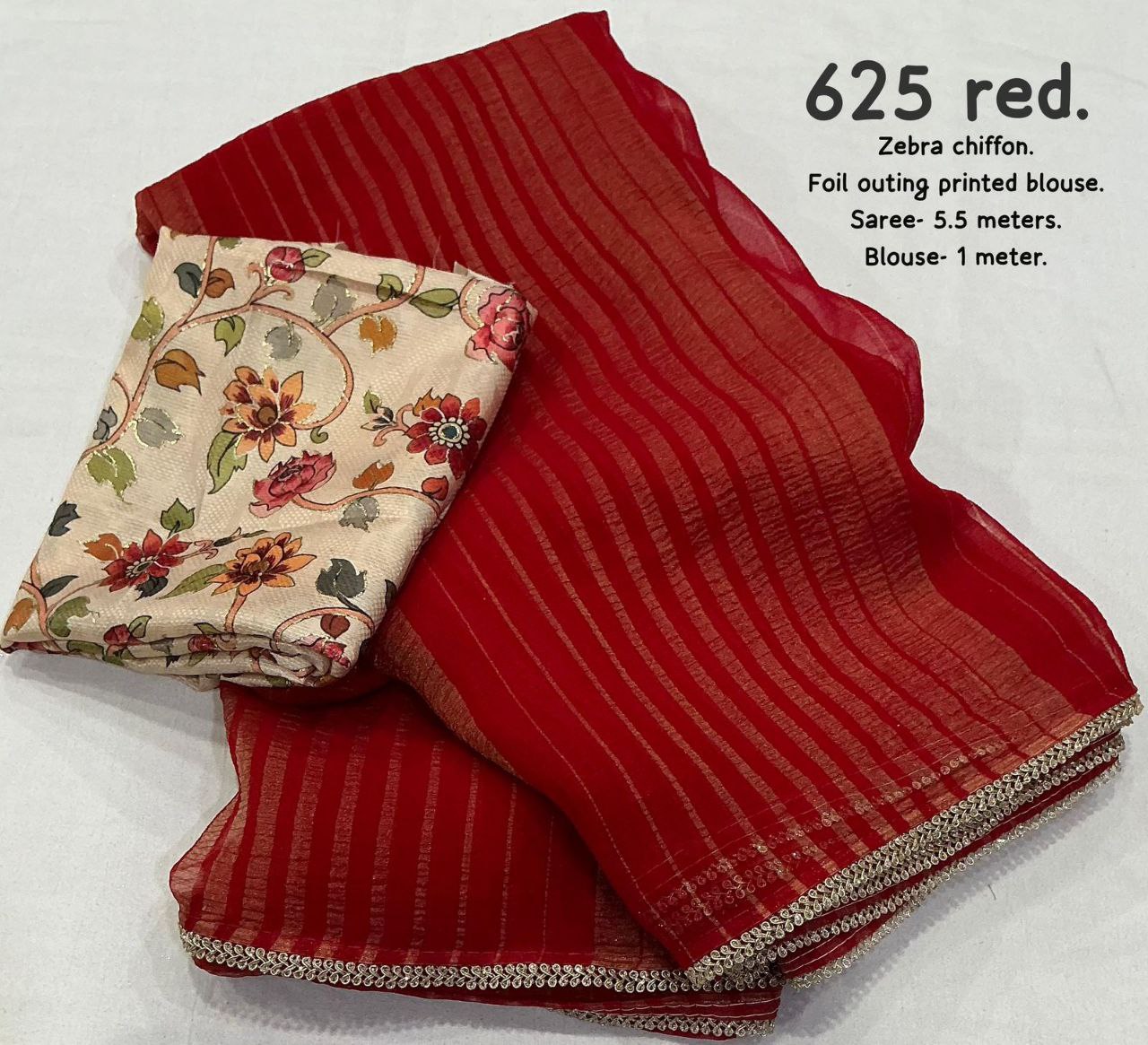 Zari Woven Zebra Lining Patched Lace Chiffon Saree with Crepe Silk Blouse