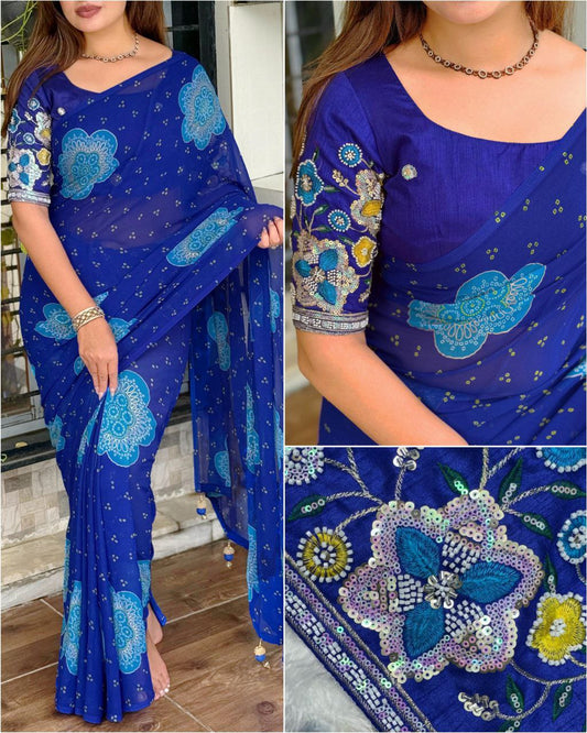 Heritage Bandhej Georgette Saree with Bead & Pearl Embroidered Blouse