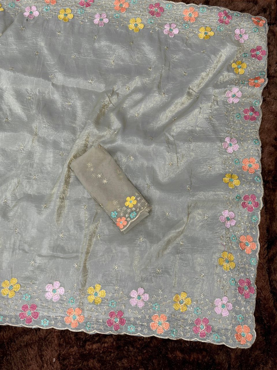 Beads Embroidered Work Sufi Silk Crush Saree with Soft Net Blouse