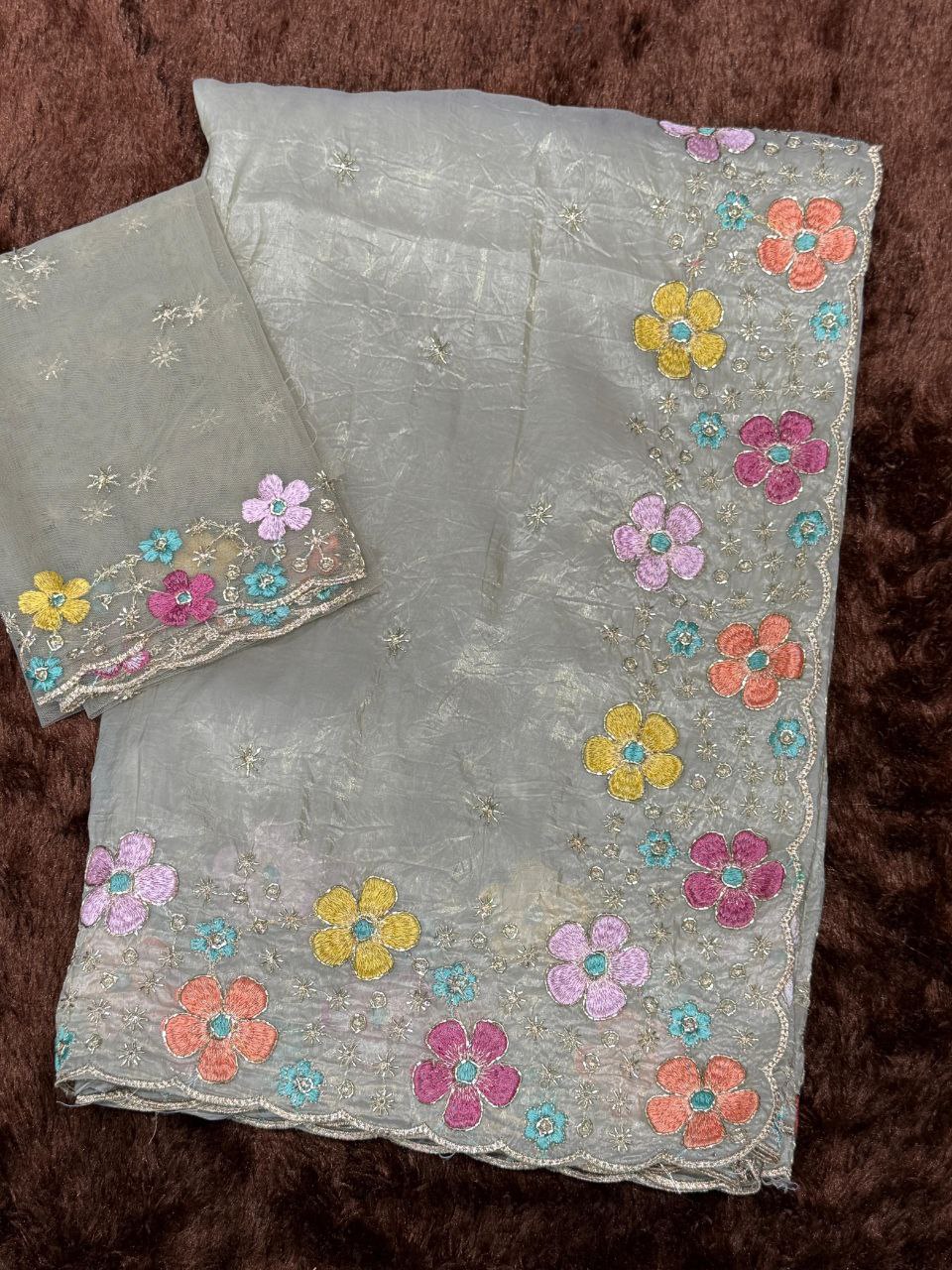 Beads Embroidered Work Sufi Silk Crush Saree with Soft Net Blouse