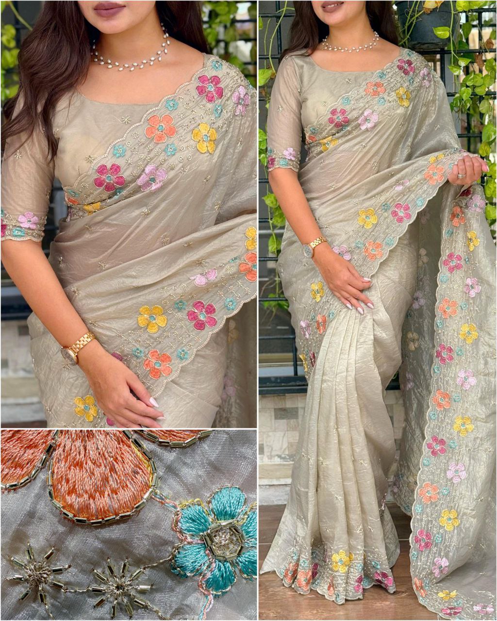 Beads Embroidered Work Sufi Silk Crush Saree with Soft Net Blouse