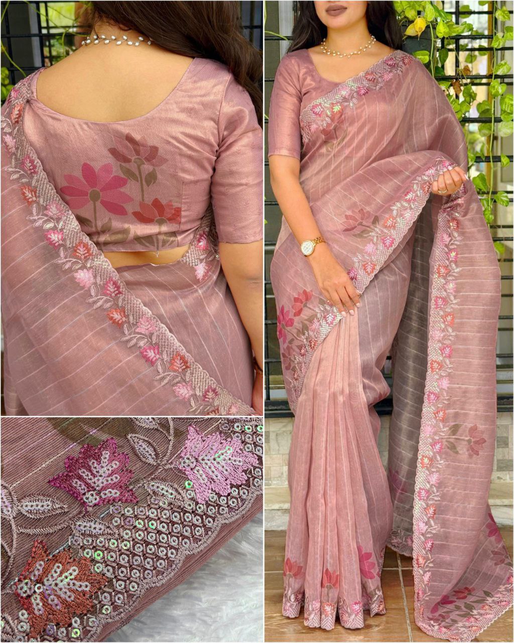 Sequins & Thread Embroidery Work Glass Tissue Organza Saree with Blouse