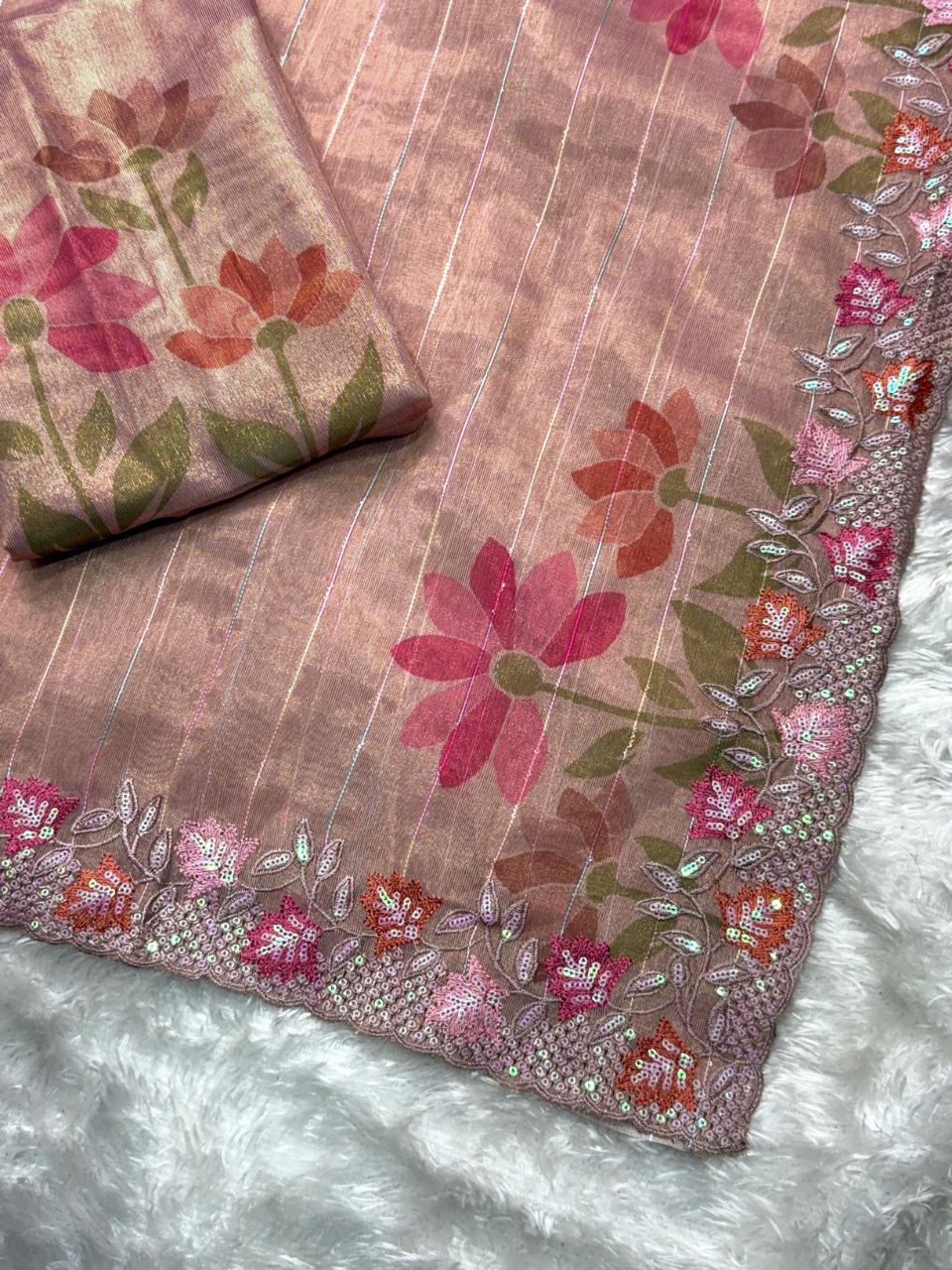 Sequins & Thread Embroidery Work Glass Tissue Organza Saree with Blouse