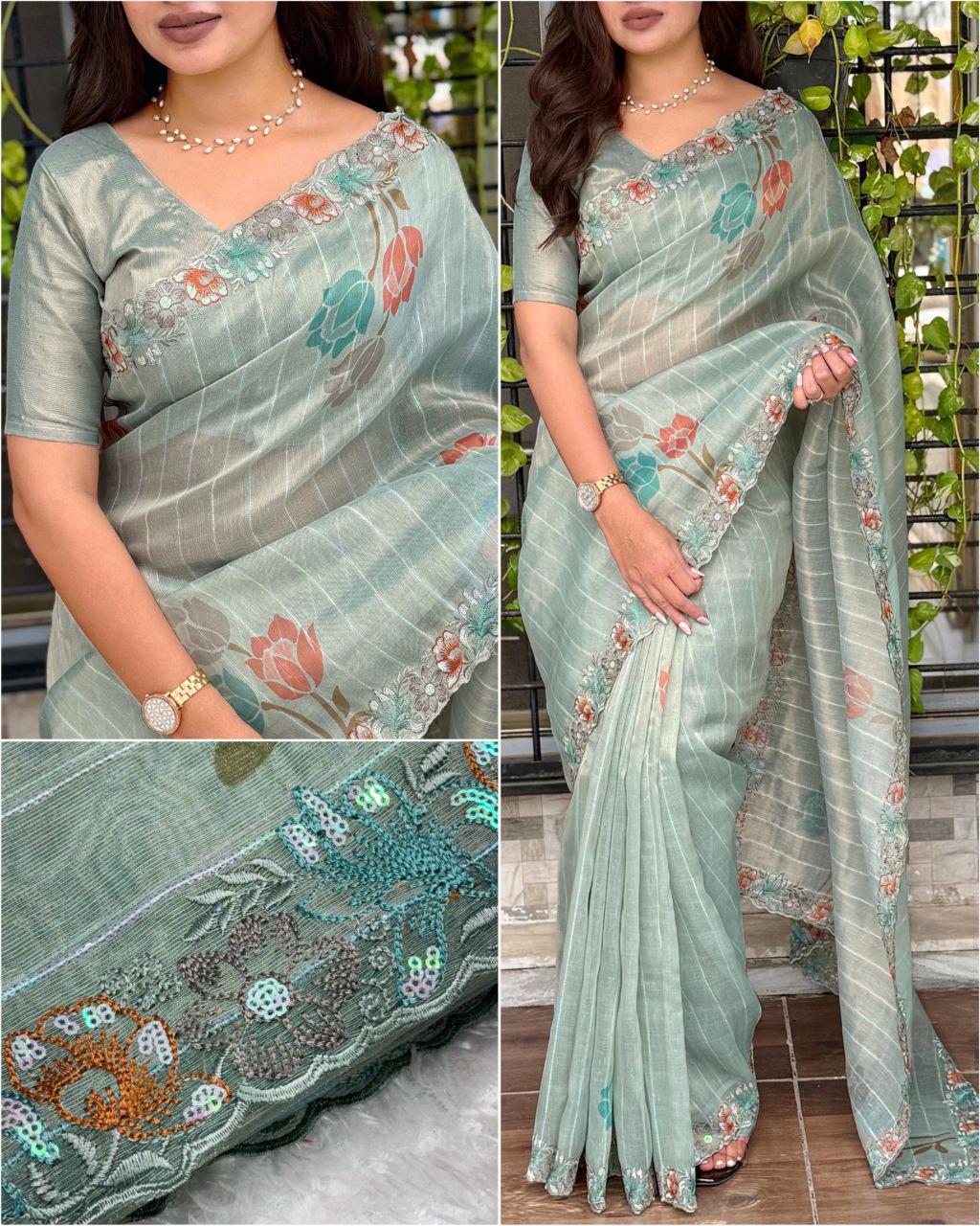 Sequins & Thread Embroidery Work Glass Tissue Organza Saree with Blouse