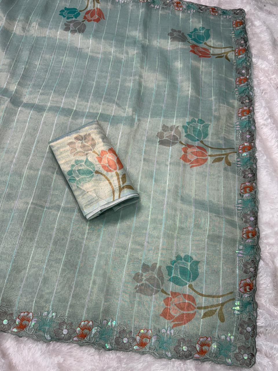 Sequins & Thread Embroidery Work Glass Tissue Organza Saree with Blouse