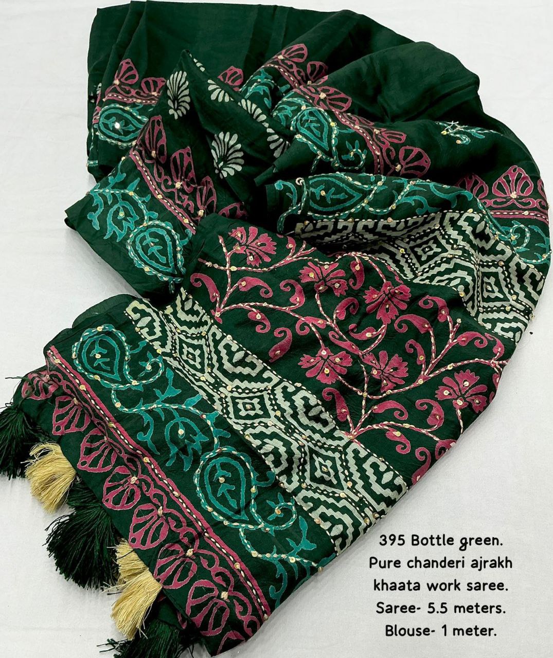 Pure Chanderi Cotton with Hand Block Prints Ajrakh Hand Work Saree