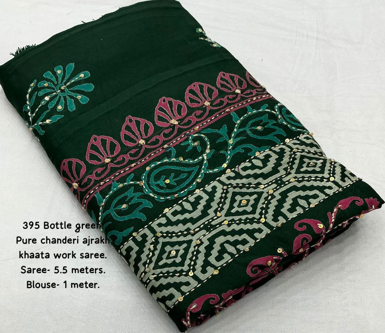 Pure Chanderi Cotton with Hand Block Prints Ajrakh Hand Work Saree