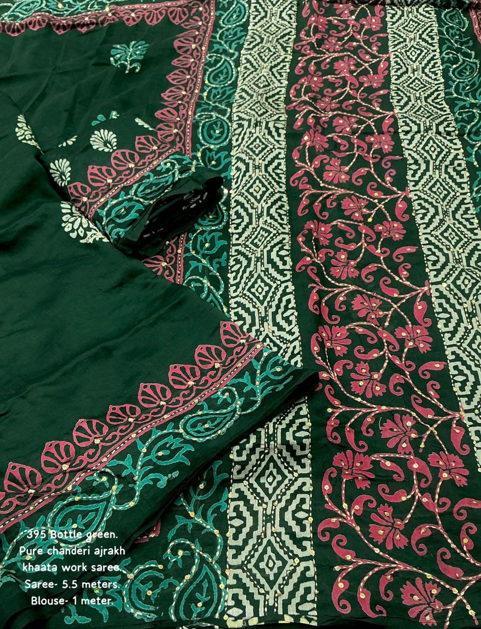 Pure Chanderi Cotton with Hand Block Prints Ajrakh Hand Work Saree