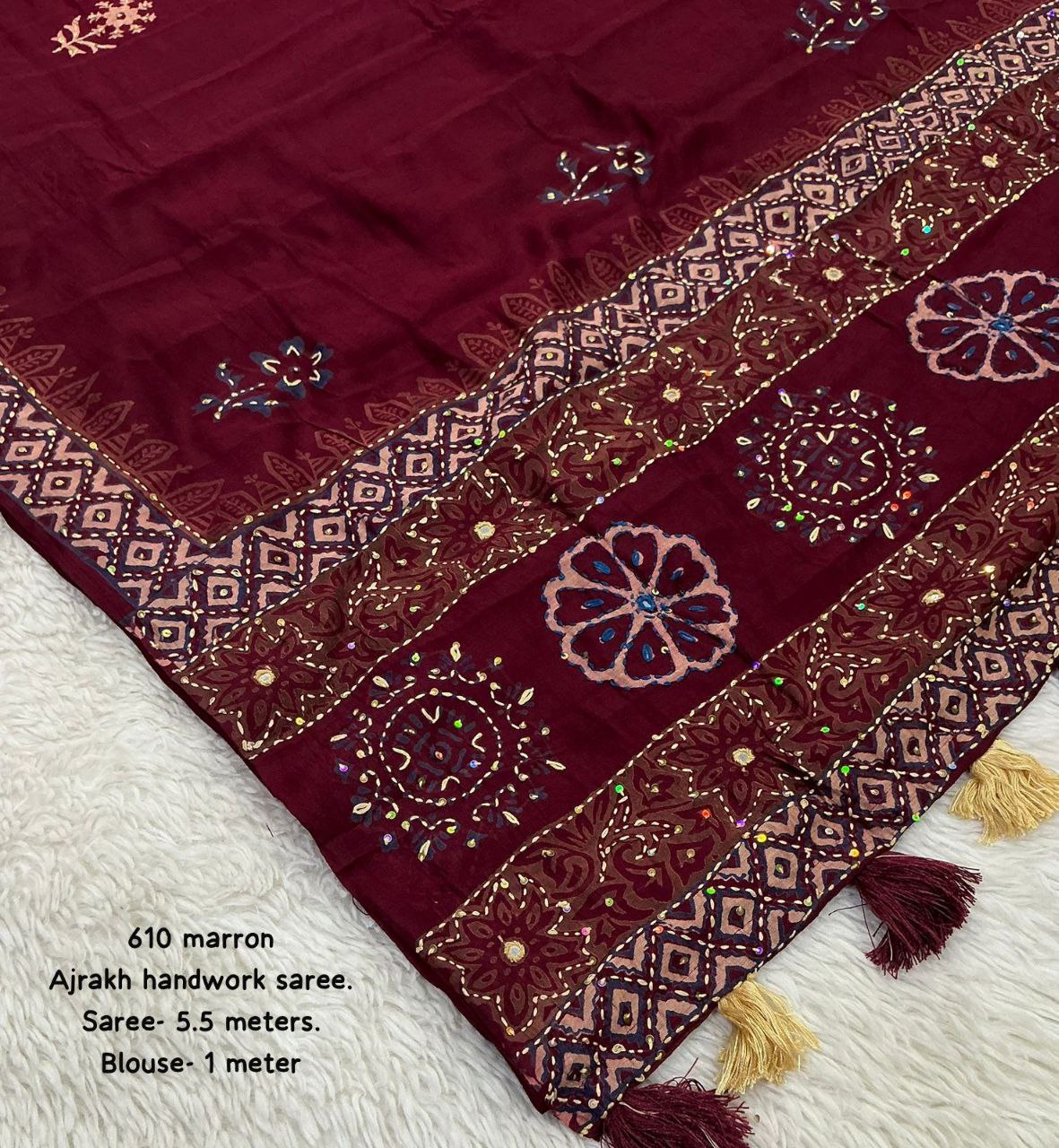 Pure Chanderi Cotton with Hand Block Prints Ajrakh Hand Work Saree