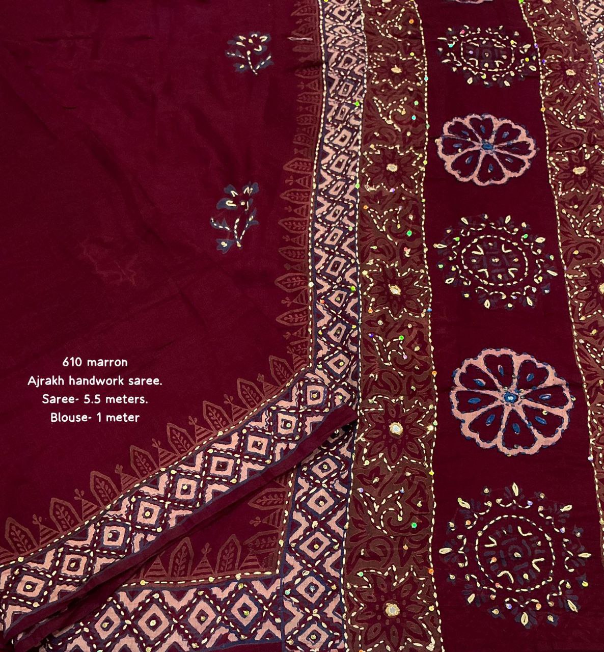 Pure Chanderi Cotton with Hand Block Prints Ajrakh Hand Work Saree