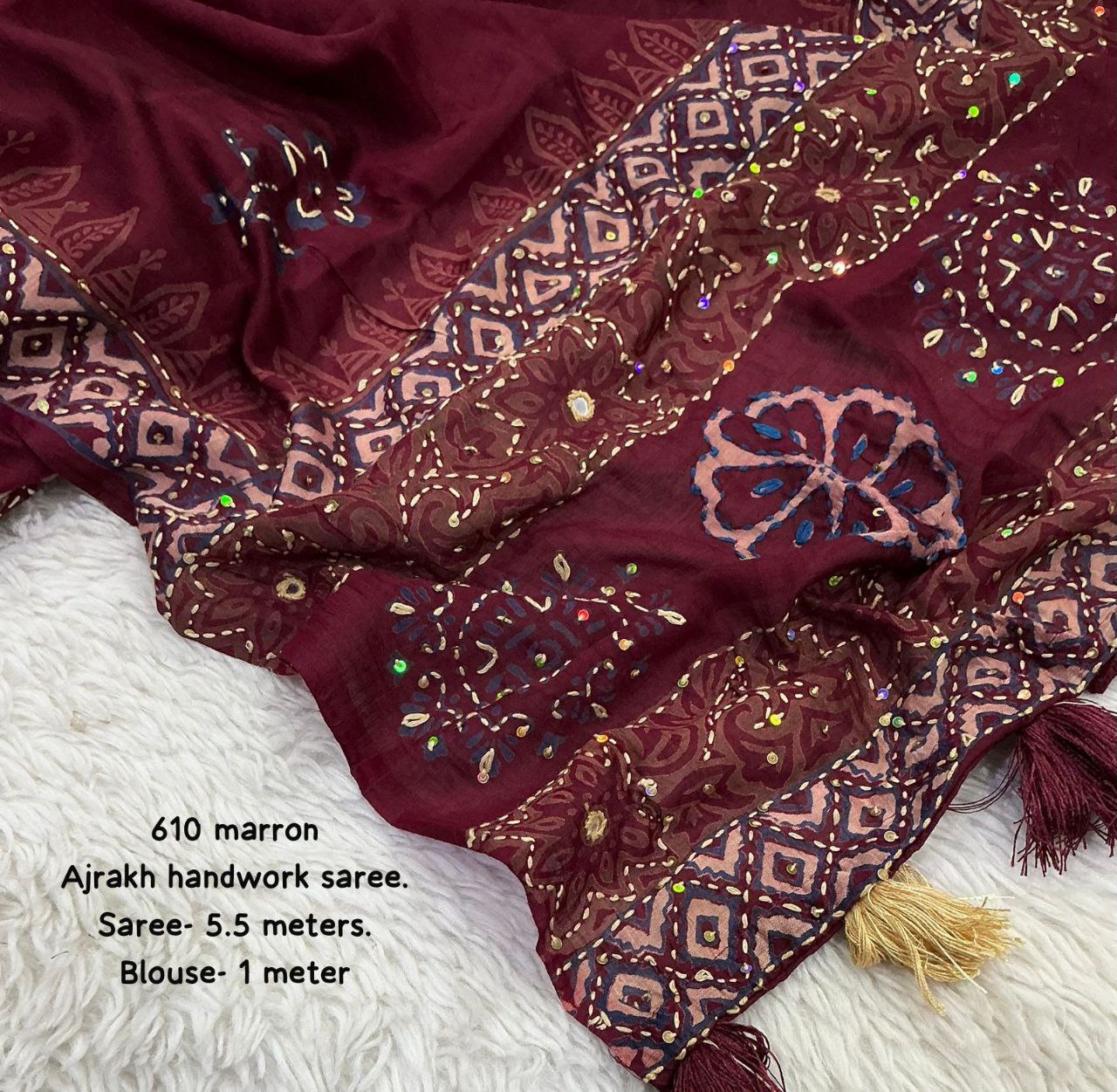 Pure Chanderi Cotton with Hand Block Prints Ajrakh Hand Work Saree