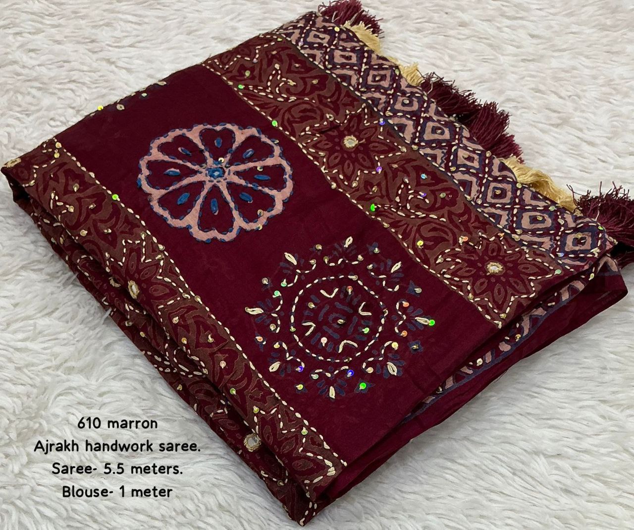 Pure Chanderi Cotton with Hand Block Prints Ajrakh Hand Work Saree