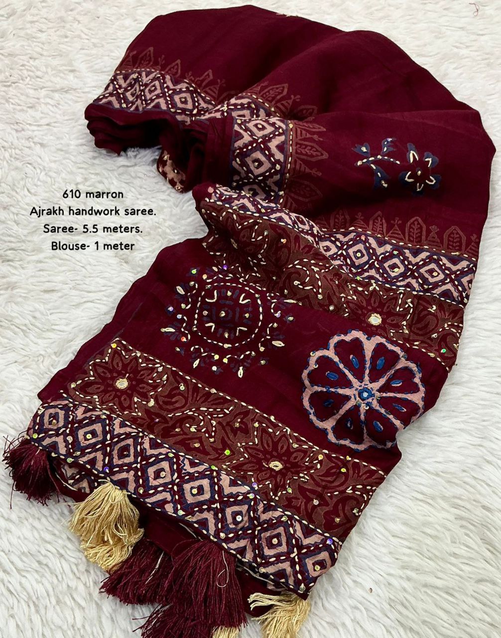 Pure Chanderi Cotton with Hand Block Prints Ajrakh Hand Work Saree