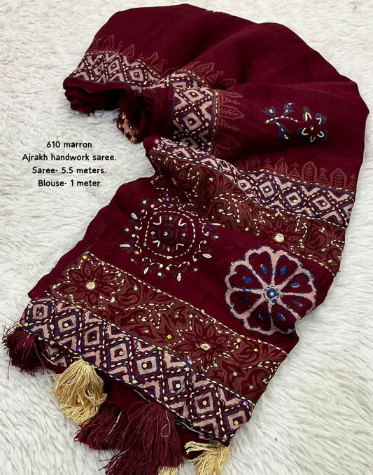 Pure Chanderi Cotton with Hand Block Prints Ajrakh Hand Work Saree