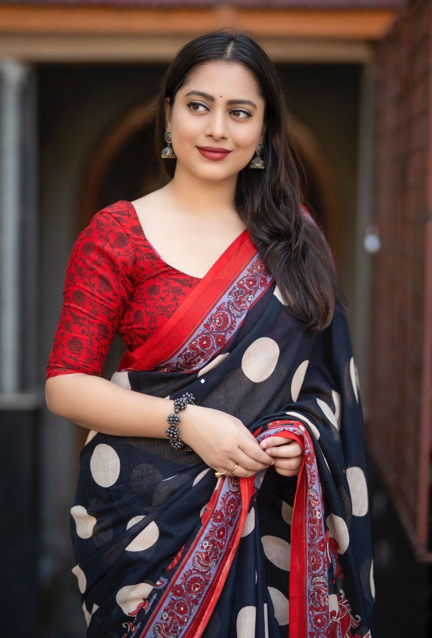 New Fancy Polki & Kalamkari Prints Linen Printed Saree with Blouse