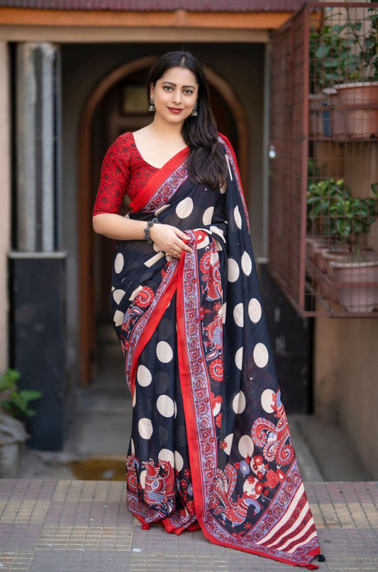 New Fancy Polki & Kalamkari Prints Linen Printed Saree with Blouse