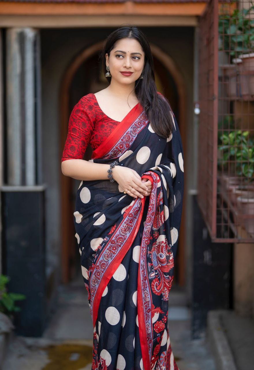 New Fancy Polki & Kalamkari Prints Linen Printed Saree with Blouse