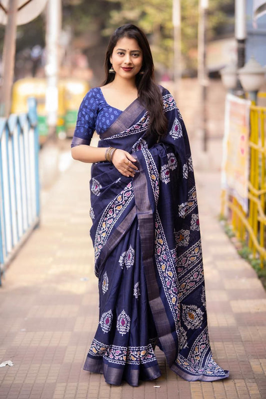 Zari Woven Border Soft Slub Silk Batik Print Saree with Running Blous