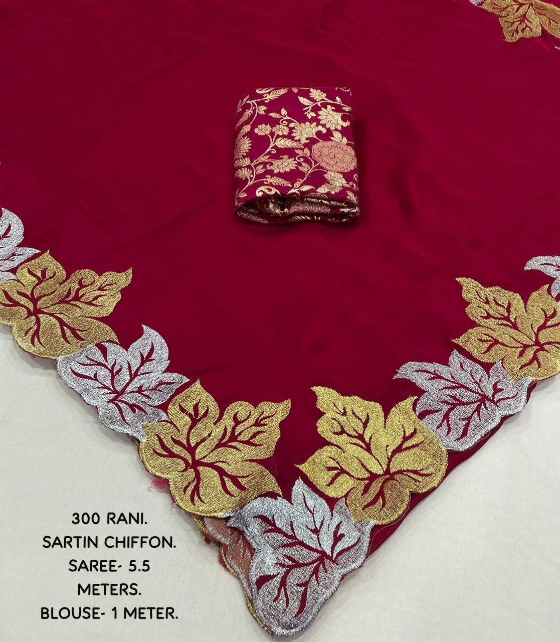 Fancy Satin Chiffon Embroidery Leaf Design Saree with Banarasi Silk Blouse