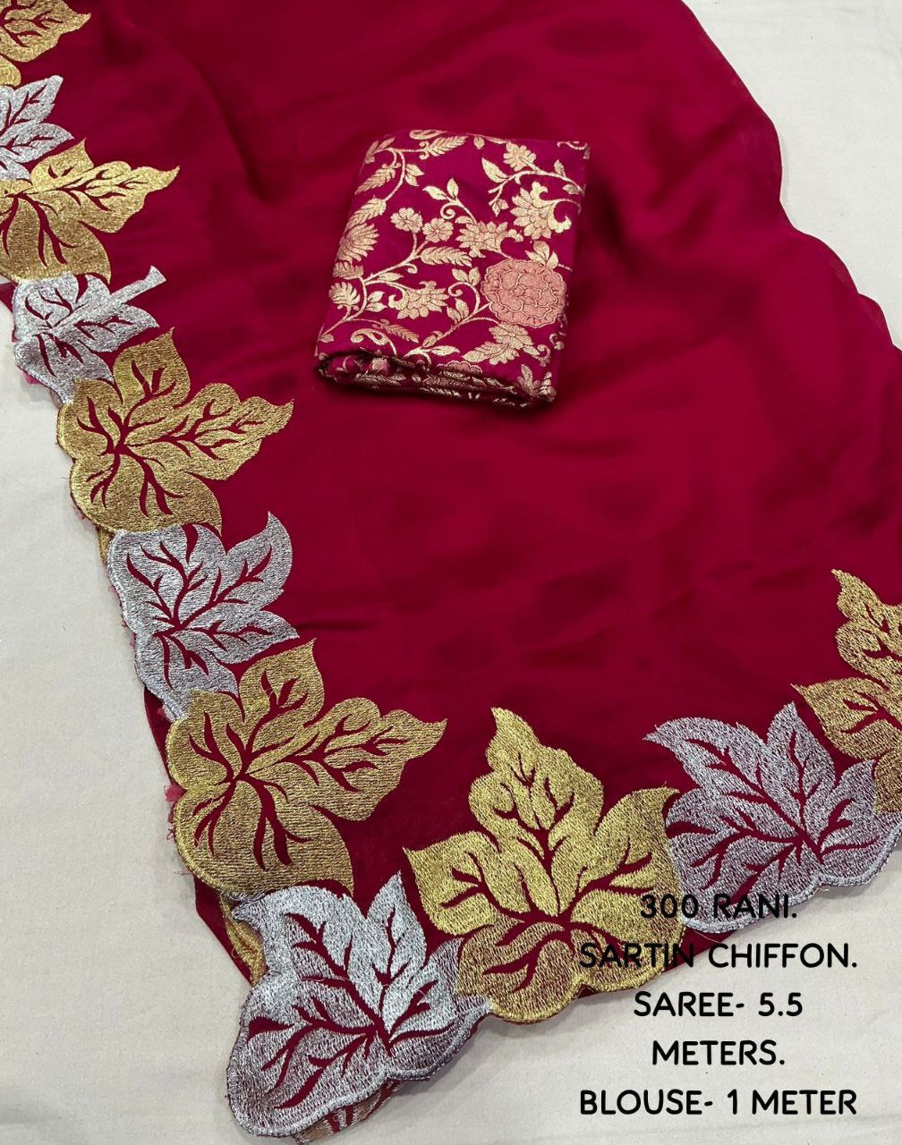 Fancy Satin Chiffon Embroidery Leaf Design Saree with Banarasi Silk Blouse