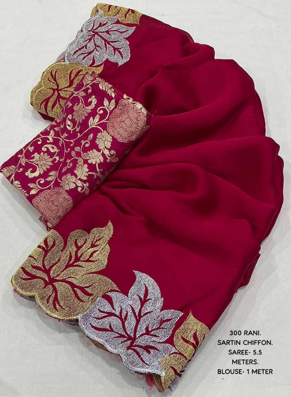 Fancy Satin Chiffon Embroidery Leaf Design Saree with Banarasi Silk Blouse
