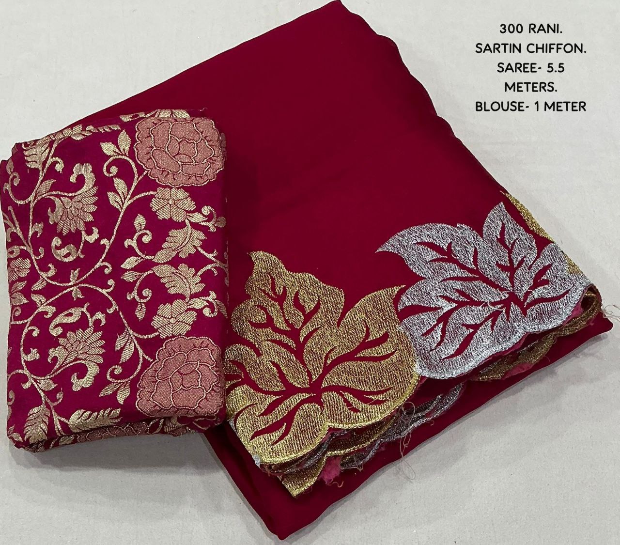 Fancy Satin Chiffon Embroidery Leaf Design Saree with Banarasi Silk Blouse