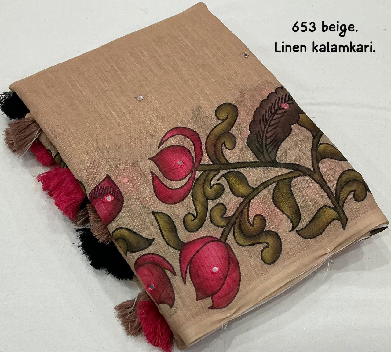 Aari Mirror Work Fancy Beige Kalamkari Printed Linen Saree with Blouse