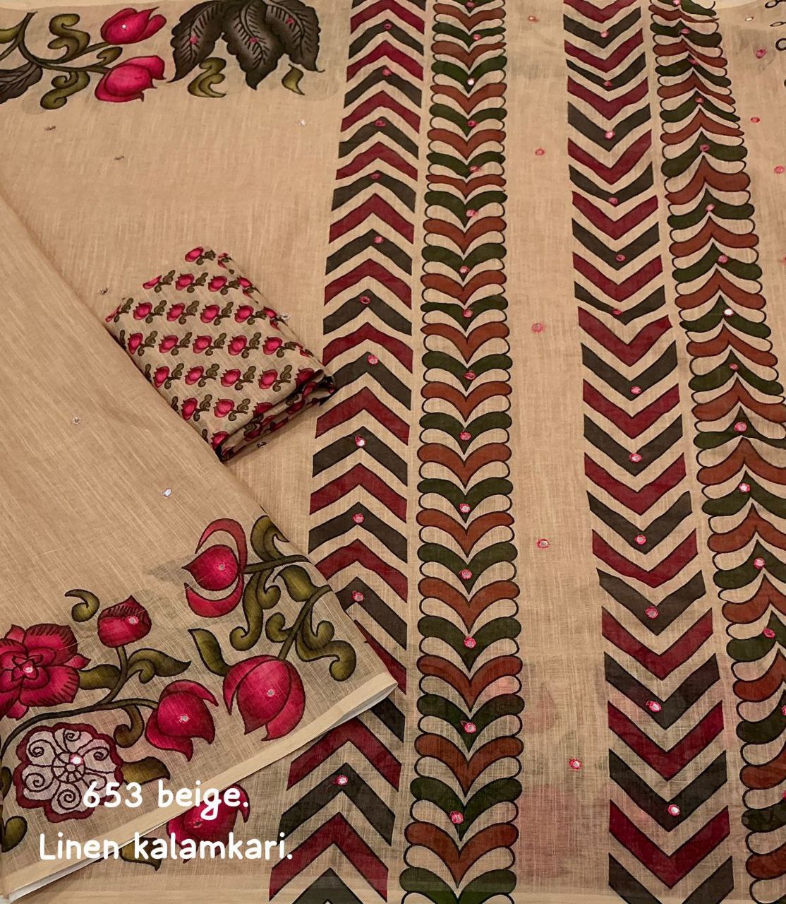 Aari Mirror Work Fancy Beige Kalamkari Printed Linen Saree with Blouse