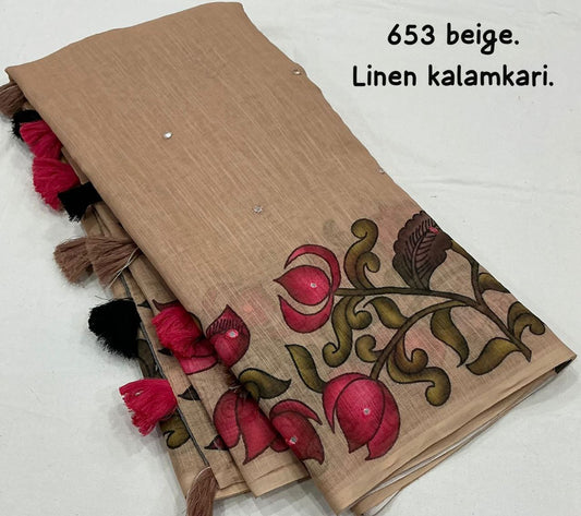 Aari Mirror Work Fancy Beige Kalamkari Printed Linen Saree with Blouse