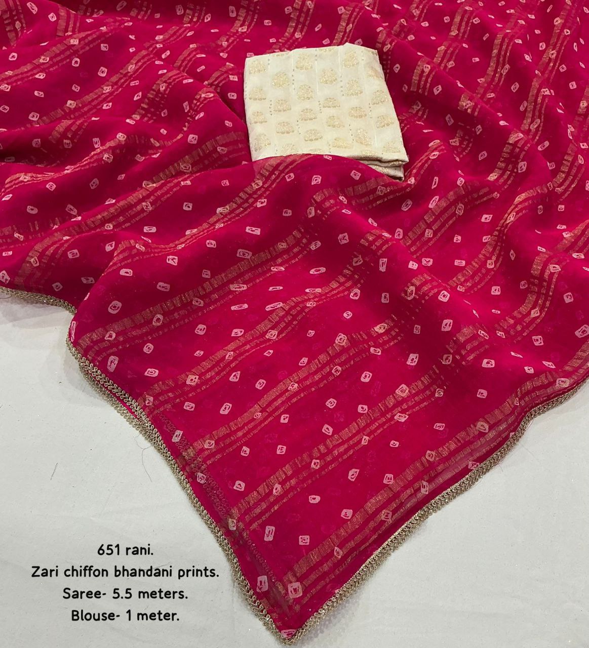 Zari Woven Laheriya & Bandhani Rani Pink Chiffon Saree with Banarasi Silk Blouse