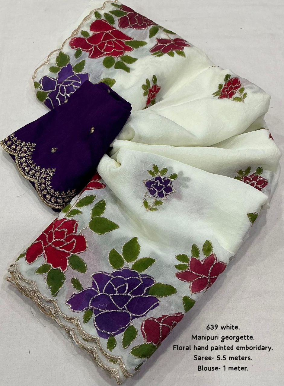 Premium Hand Painted Manipuri Georgette Saree with Silk Blouse