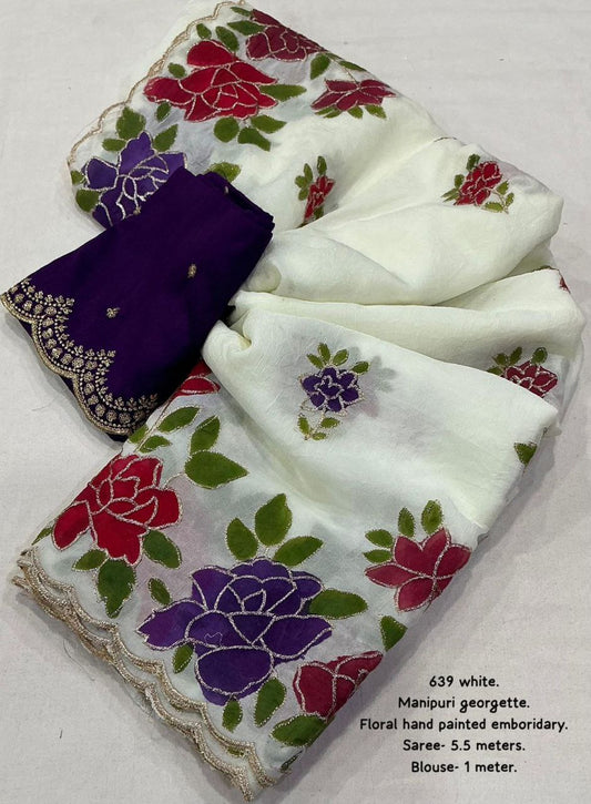 Premium Hand Painted Manipuri Georgette Saree with Silk Blouse