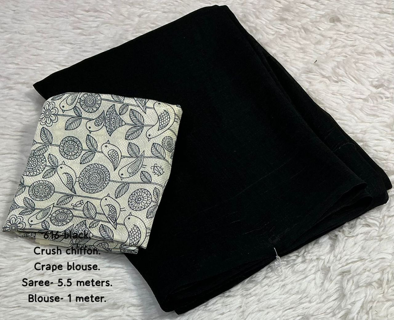 New Black Edition Plain Crush Chiffon Saree with Digital Print Crepe Blouse