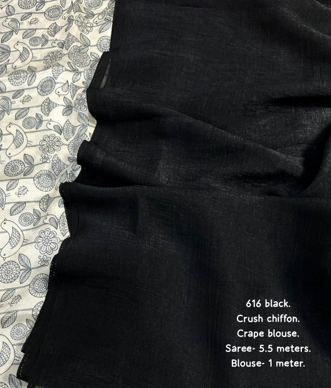 New Black Edition Plain Crush Chiffon Saree with Digital Print Crepe Blouse