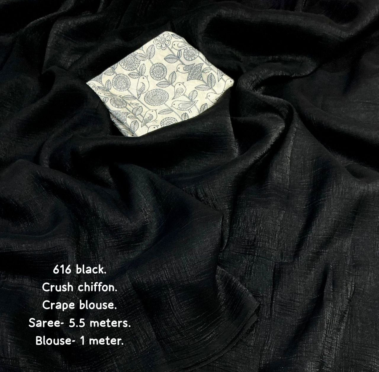 New Black Edition Plain Crush Chiffon Saree with Digital Print Crepe Blouse