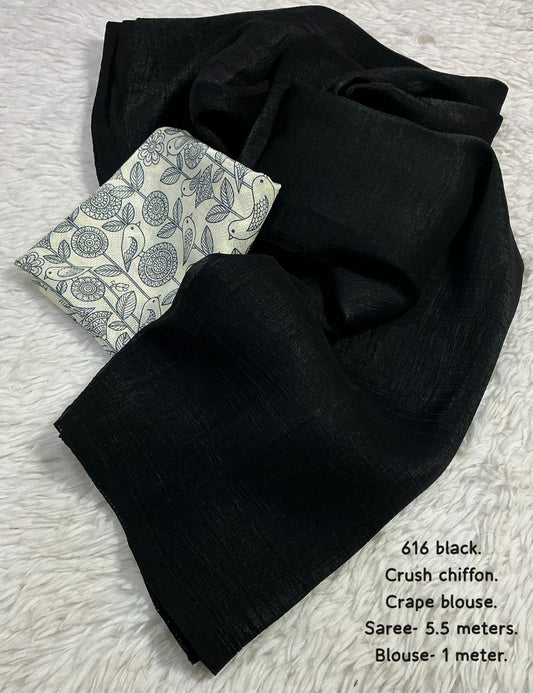 New Black Edition Plain Crush Chiffon Saree with Digital Print Crepe Blouse