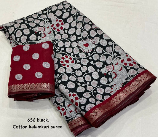 Soft Cotton Kalamkari Printed Zari Woven Border Saree with Running Butti Blouse