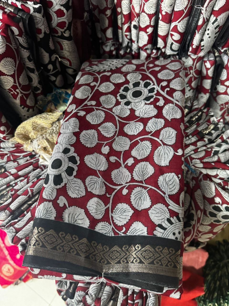 Soft Cotton Kalamkari Printed Zari Woven Border Saree with Running Butti Blouse