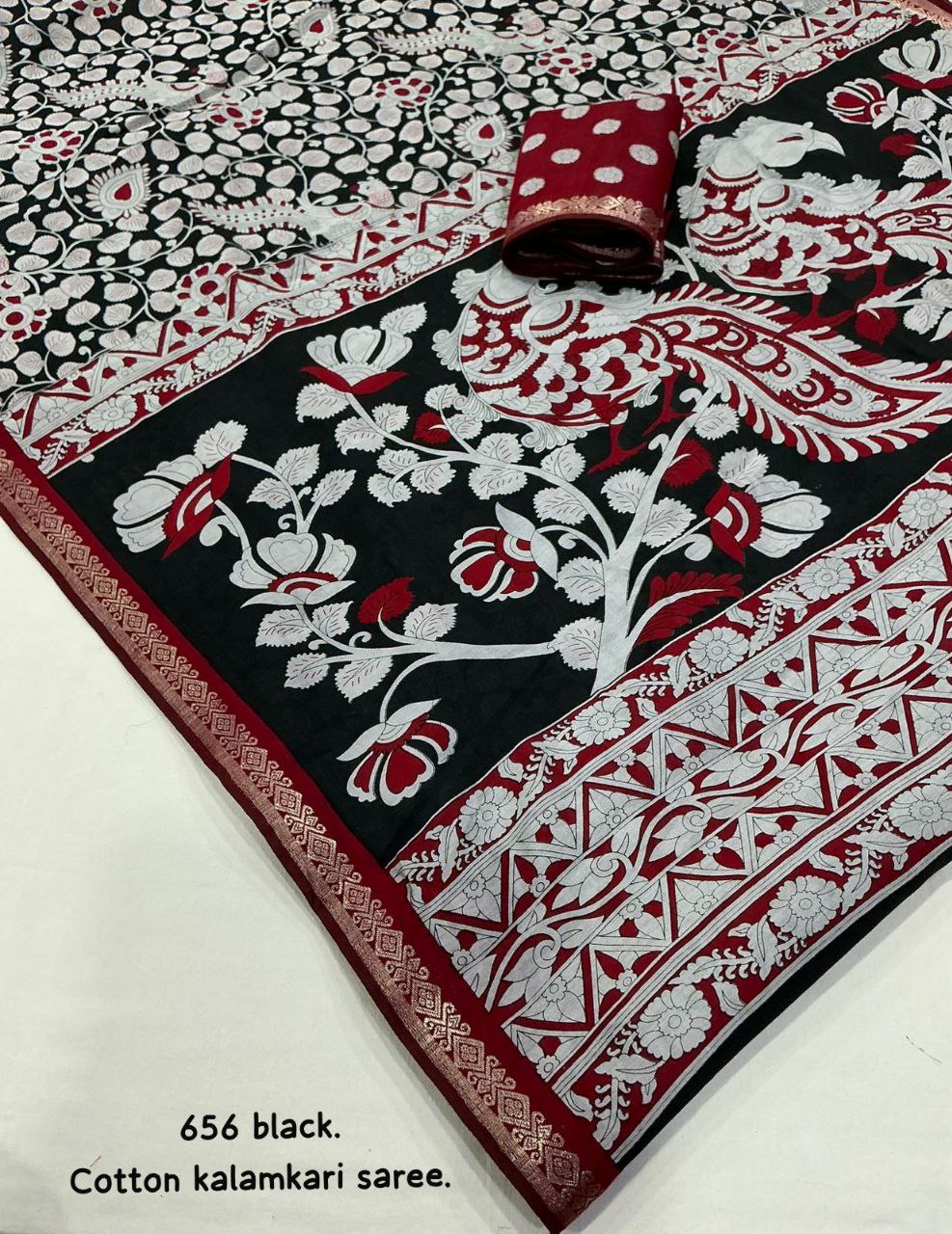 Soft Cotton Kalamkari Printed Zari Woven Border Saree with Running Butti Blouse
